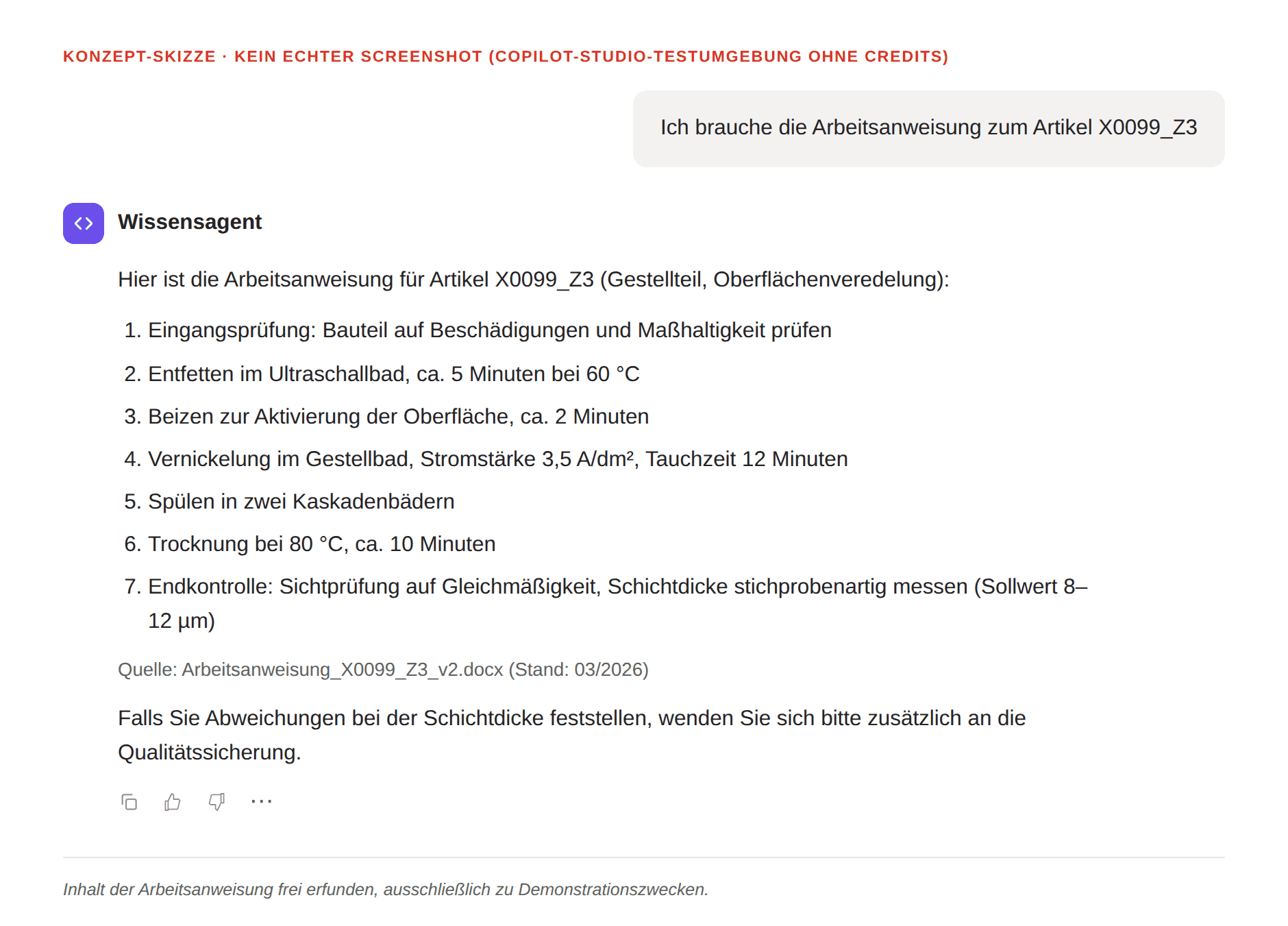 Beispielhafte Unterhaltung mit einem Wissensagenten: Mitarbeiterfrage nach einer Arbeitsanweisung, Antwort mit nummerierten Arbeitsschritten und Quellenangabe